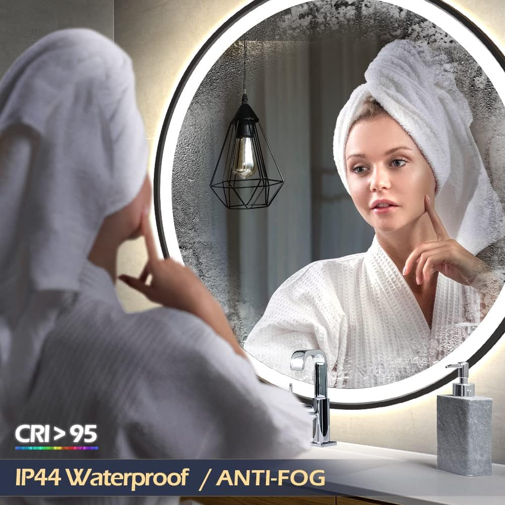 LED Sensor Mirror, 40 Inch round Human Body Induction, Black Framed Vanity Mirror, Illuminated Dimmable anti Fog IP44 Waterproof Bathroom Wall Mounted Blacklit Mirror with Lights