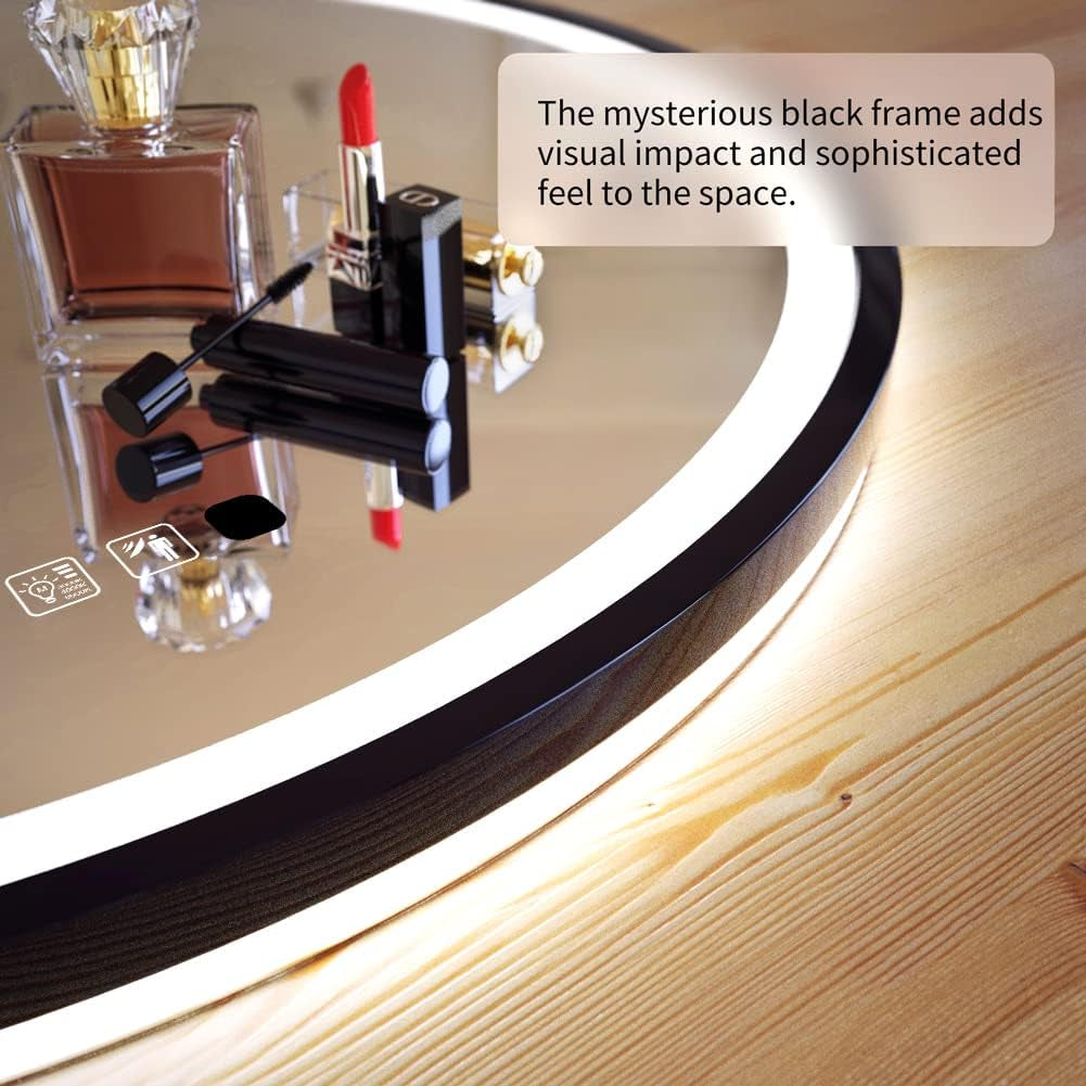LED Sensor Mirror, 40 Inch round Human Body Induction, Black Framed Vanity Mirror, Illuminated Dimmable anti Fog IP44 Waterproof Bathroom Wall Mounted Blacklit Mirror with Lights