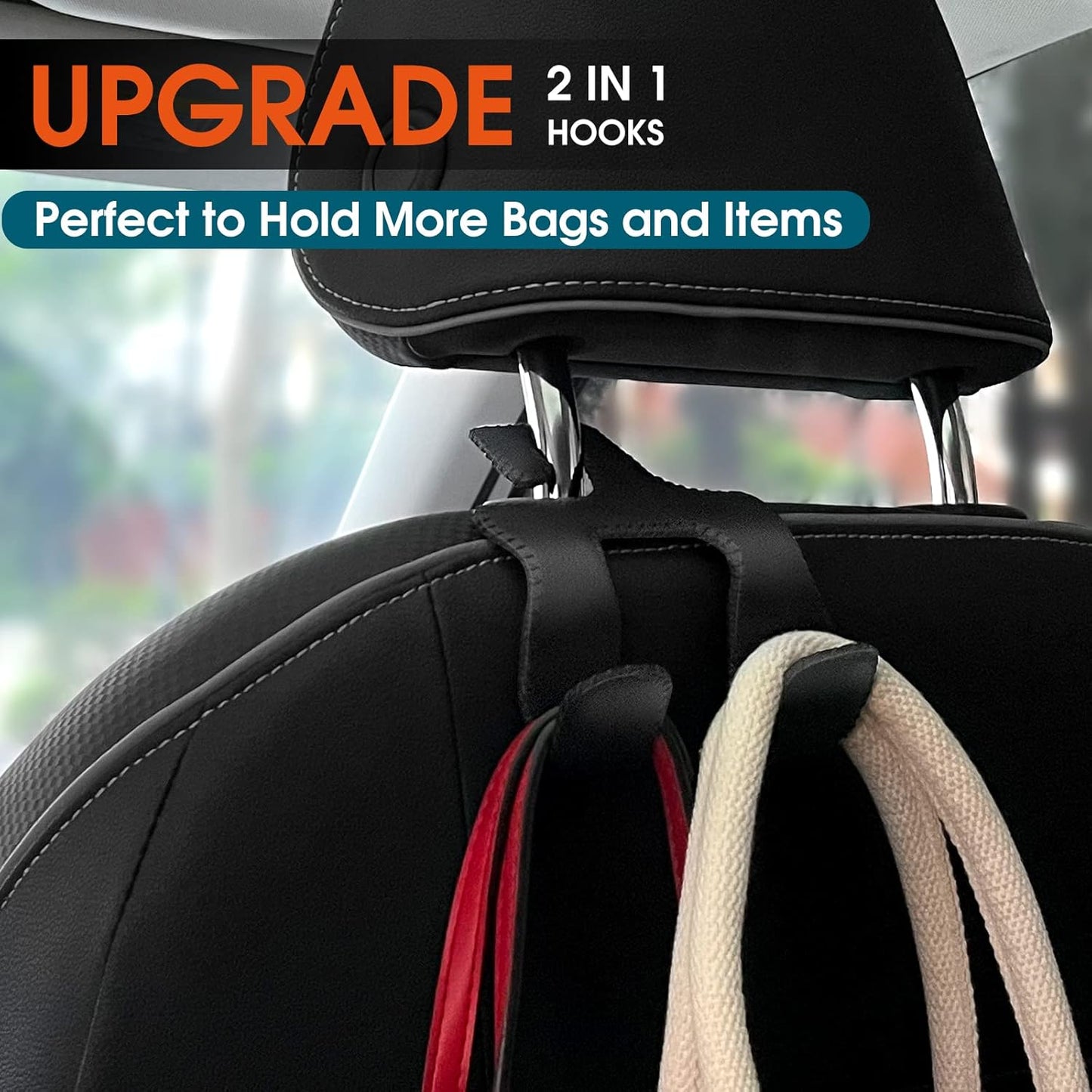 Car Headrest Hooks for Purses and Bags, Upgraded 2 in 1 Cars Back Seat Head Rest Hanger Vehicle Leather Organizer Storage Holder Hook Matching Cars Interior, 1-Pack, Beige