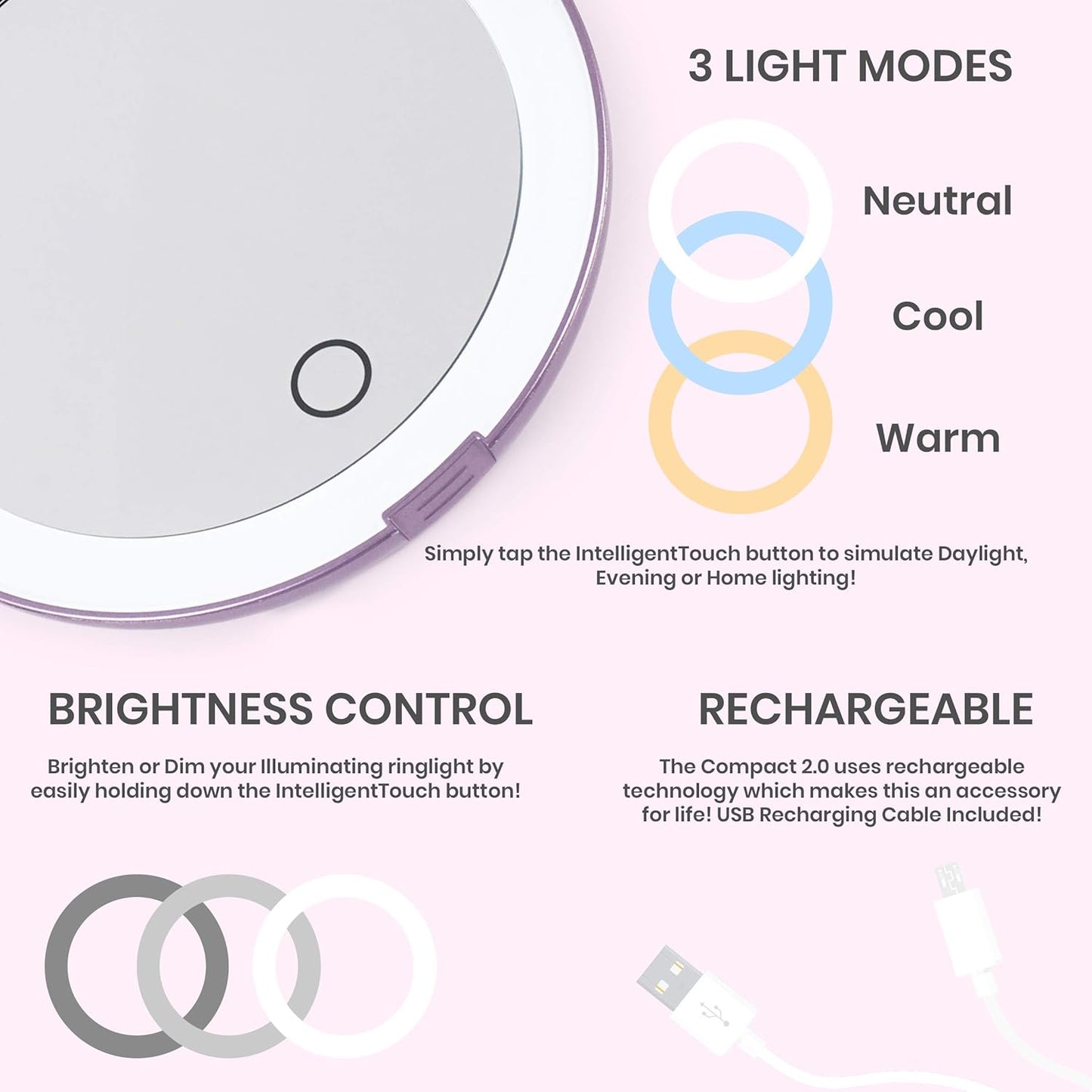 Compact Travel Mirror | Travel Makeup Mirror with Light | LED Lighted Vanity Mirror with 3 Light Modes | 7X Magnification Folding Portable & Rechargeable (Lavender)