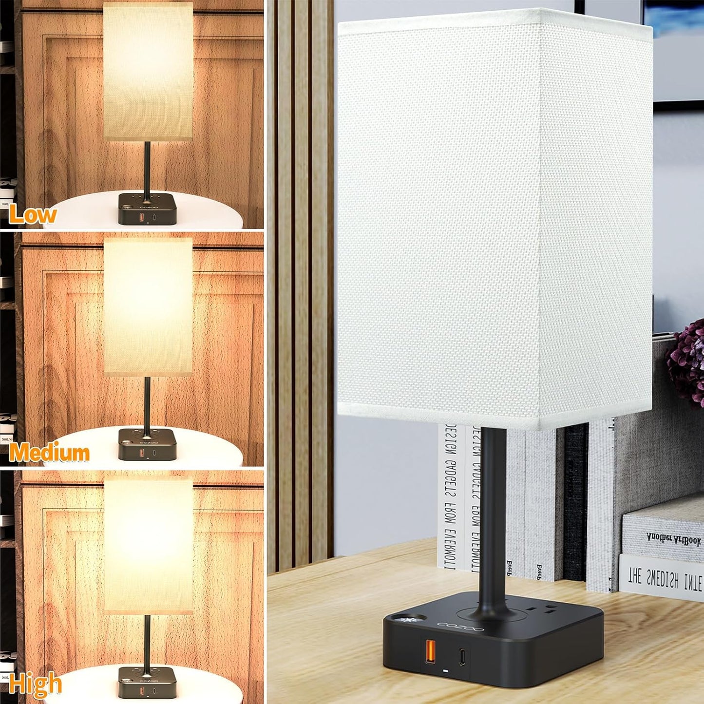 Dimmable Table Lamp with USB Charging Ports and Outlets, White Fabric Shade, Touch Control, Ideal for Bedroom, Living Room, Dorm, and Home Office