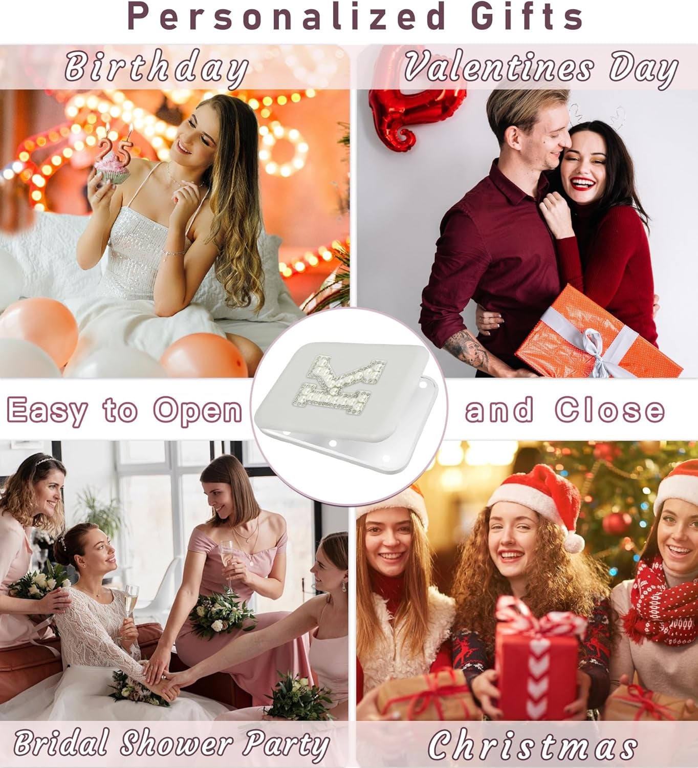 Personalized Gifts for 7 8 9 10 11 12 13 14 15 16 Year Old Girl Cute Pearl Initial Compact Mirror with Lights Small LED Pocket Makeup Mirror Teen Girls Trendy Stuff Travel Essentials White E