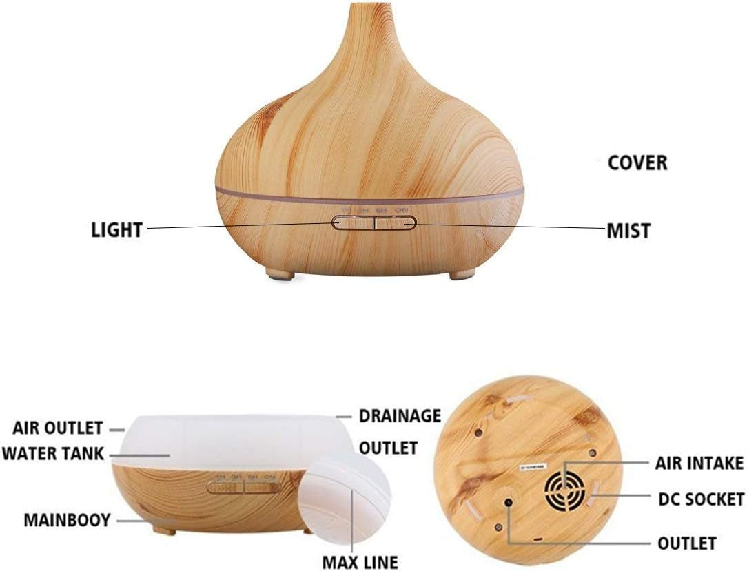 Aroma Essential Oil Diffuser, 500Ml Wood Grain Ultrasonic Cool Mist Whisper-Quiet Humidifier with Color LED Lights Changing & 4 Timer Settings, with Remote Control (Brown)