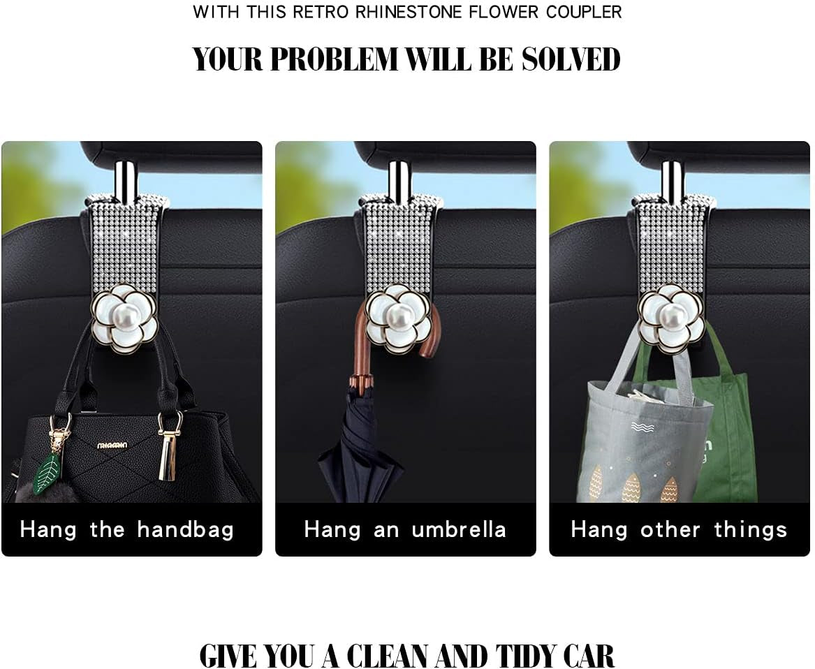 2-Piece Bling Car Seat Hooks - Headrest Hooks for Purses & Bags with Diamond Design (White)