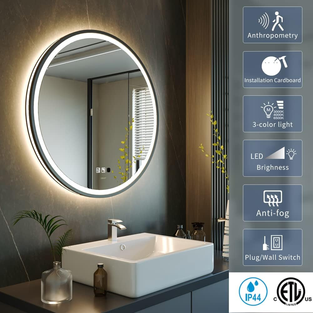 LED Sensor Mirror, 40 Inch round Human Body Induction, Black Framed Vanity Mirror, Illuminated Dimmable anti Fog IP44 Waterproof Bathroom Wall Mounted Blacklit Mirror with Lights