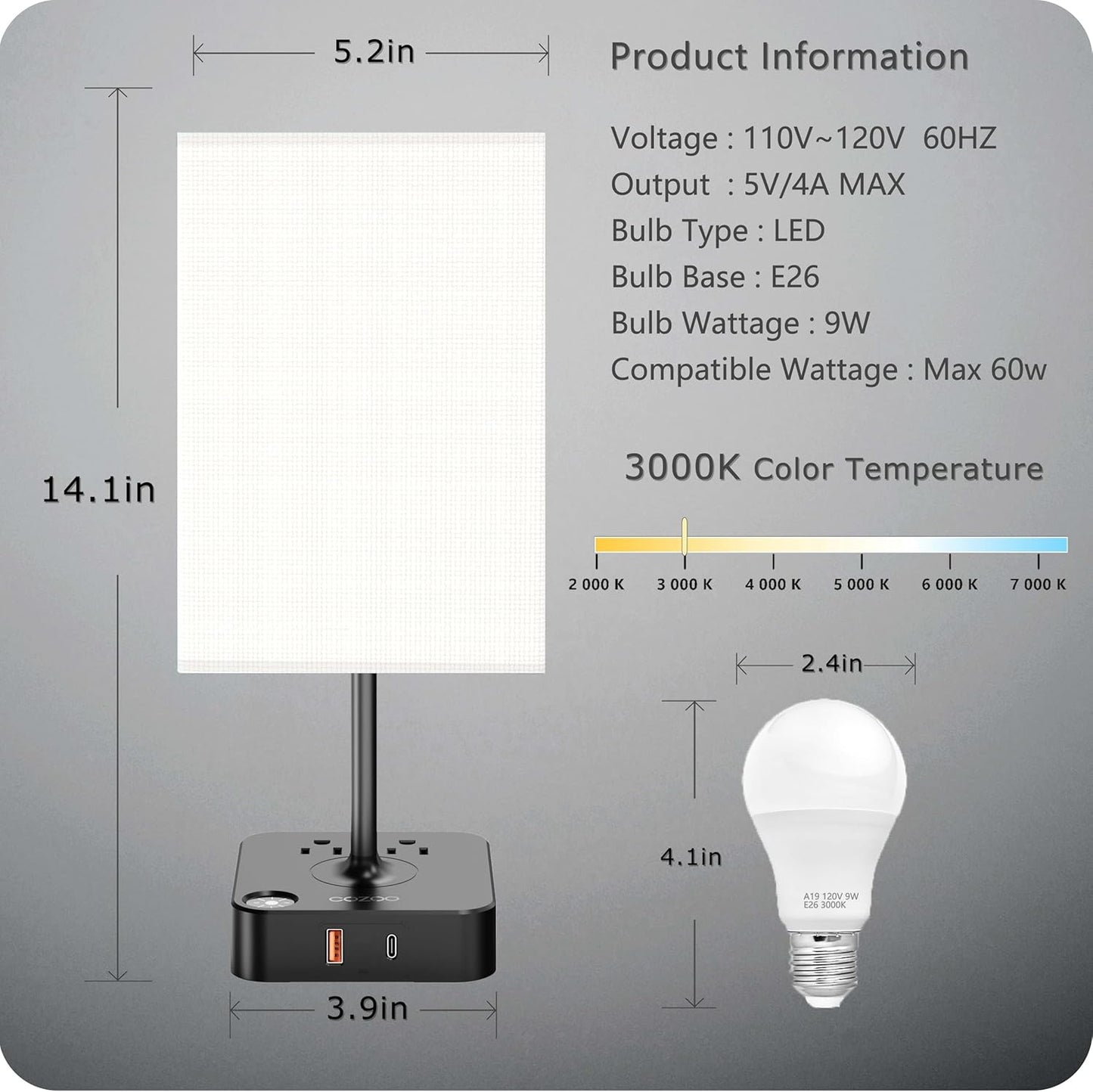 Dimmable Table Lamp with USB Charging Ports and Outlets, White Fabric Shade, Touch Control, Ideal for Bedroom, Living Room, Dorm, and Home Office