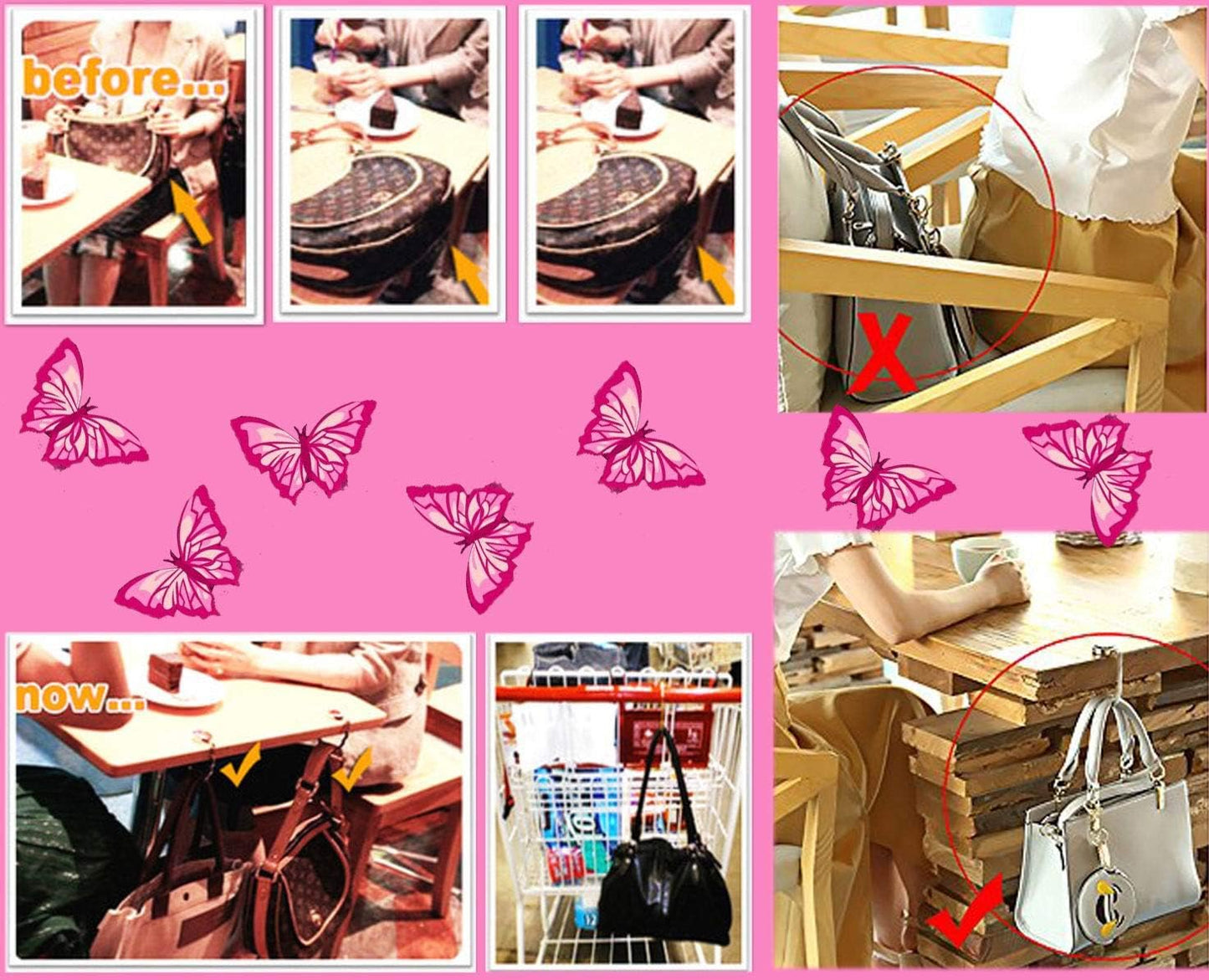 2 Pack Long Purse Hook Hanger for Table Bar Desk,Stylish Handbag Hanger Portable Bag Hook Hanger for Women Purse Holder with Velvet Pouch under Table Bar Counter Handbag Storage Hanger (Happy Tree)