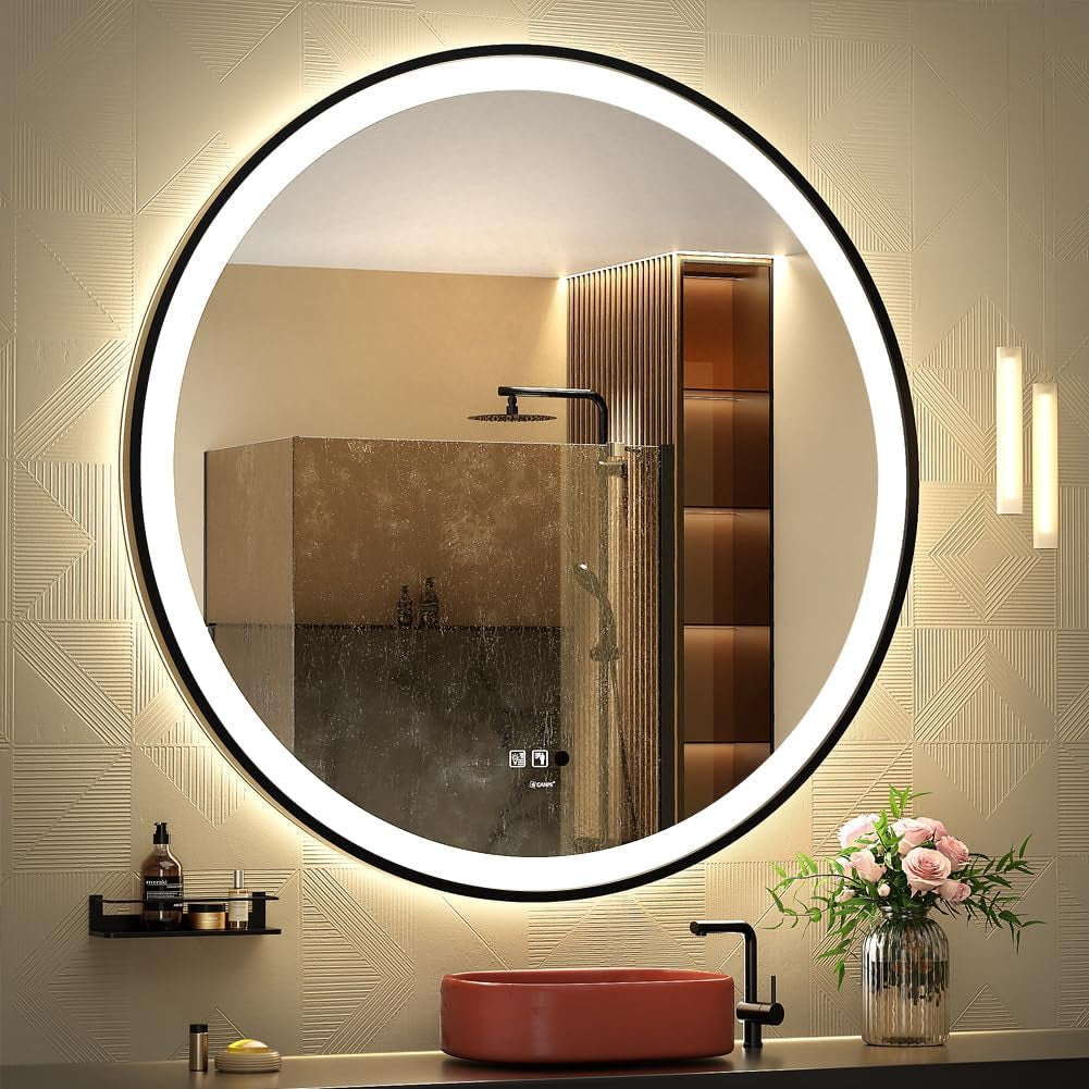 LED Sensor Mirror, 40 Inch round Human Body Induction, Black Framed Vanity Mirror, Illuminated Dimmable anti Fog IP44 Waterproof Bathroom Wall Mounted Blacklit Mirror with Lights