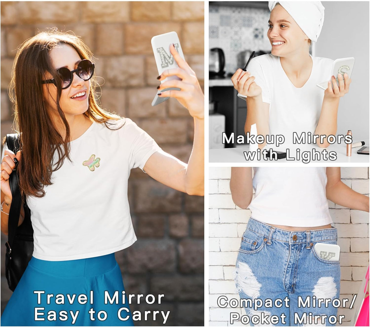 Personalized Gifts for 7 8 9 10 11 12 13 14 15 16 Year Old Girl Cute Pearl Initial Compact Mirror with Lights Small LED Pocket Makeup Mirror Teen Girls Trendy Stuff Travel Essentials White E