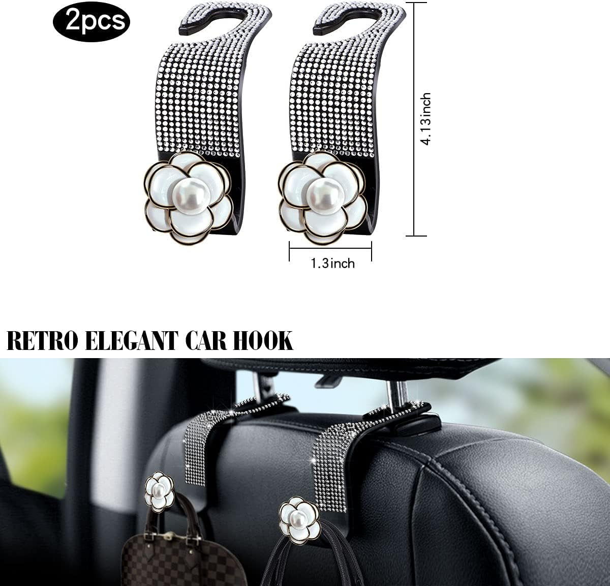 2-Piece Bling Car Seat Hooks - Headrest Hooks for Purses & Bags with Diamond Design (White)