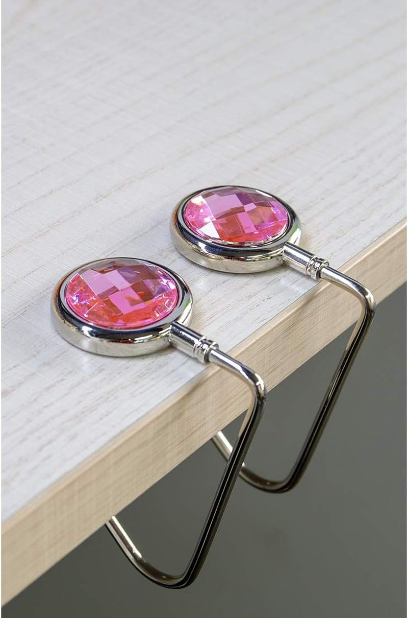 Purse Hook Mental Clutch Holder Handbag Rhinestone Hanger for Table Desk 2 Packs Pink