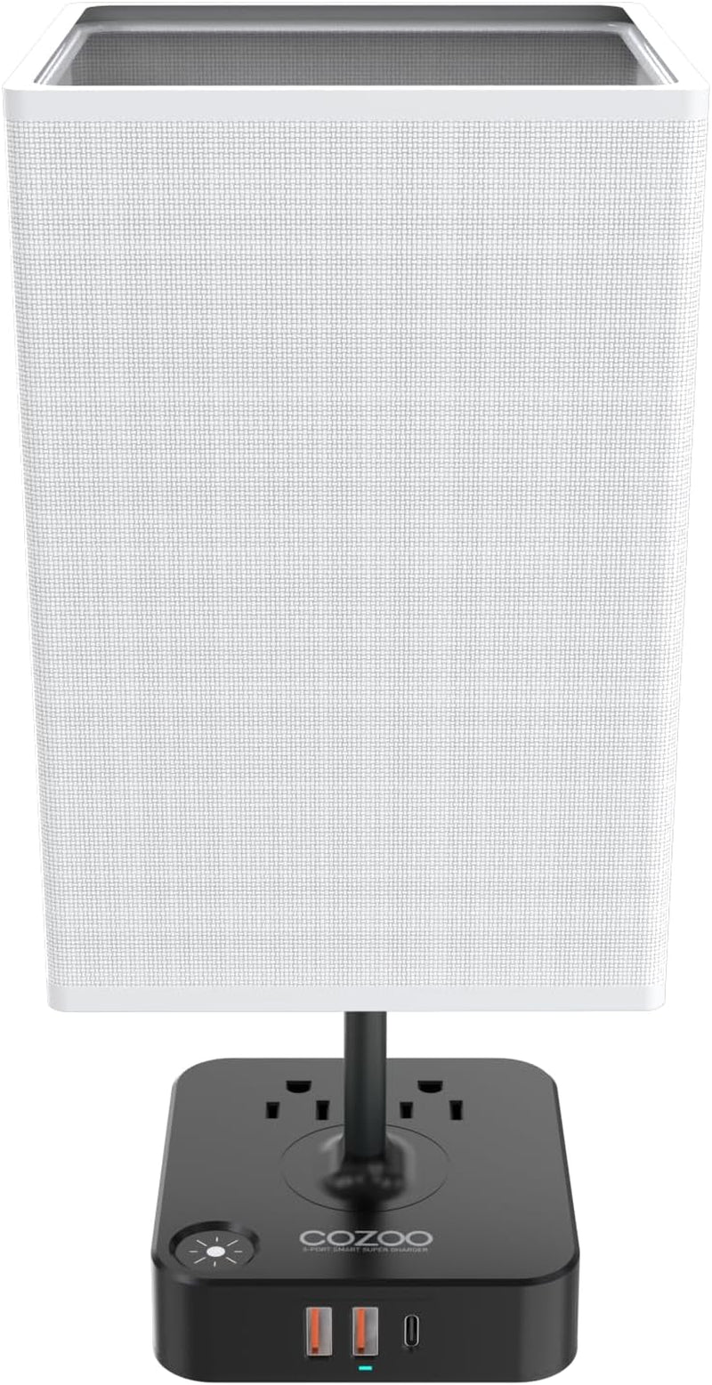 Dimmable Table Lamp with USB Charging Ports and Outlets, White Fabric Shade, Touch Control, Ideal for Bedroom, Living Room, Dorm, and Home Office