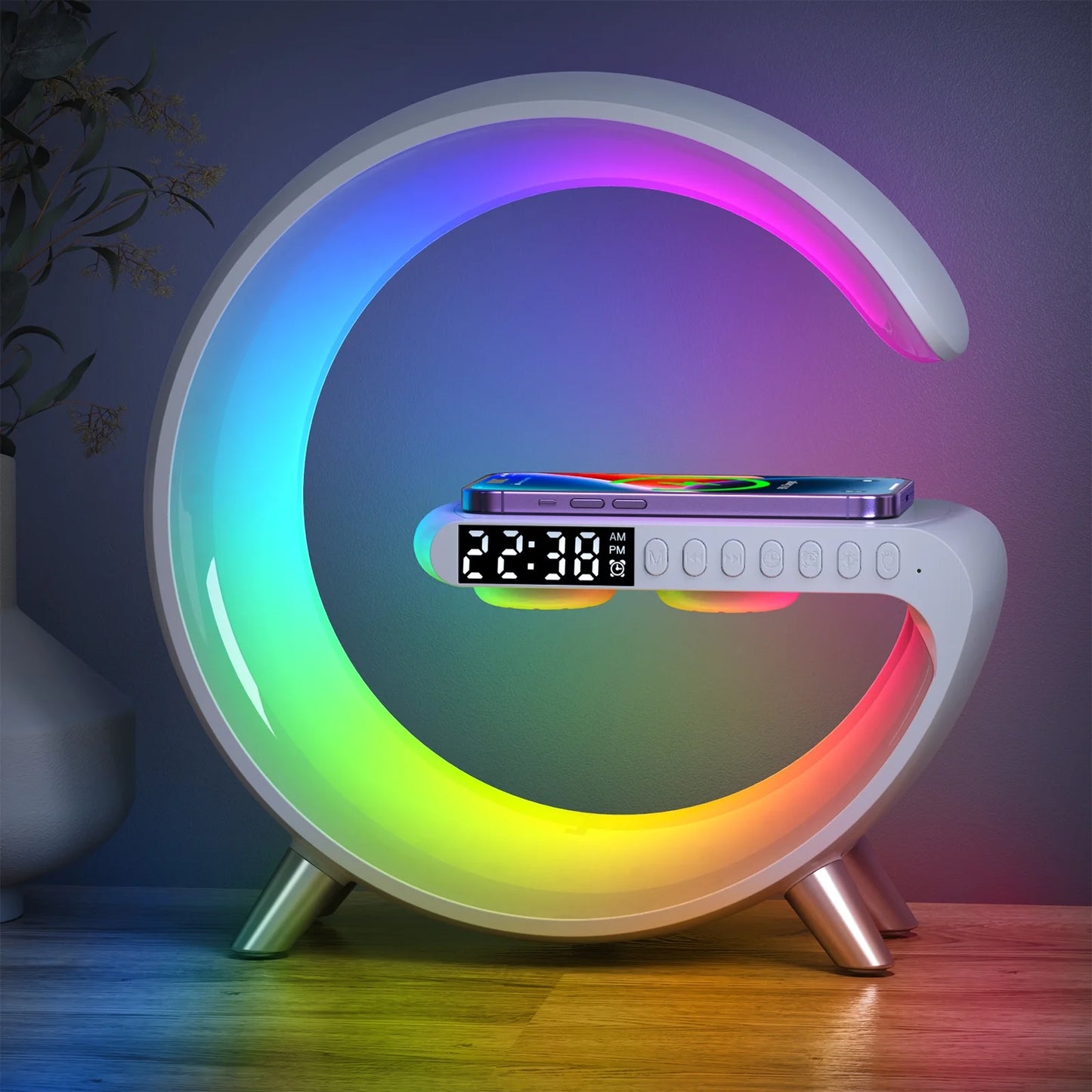 Multifunctional Wireless Charger Alarm Clock Bluetooth Speaker App Control Rgb Night Light Charging Station for Iphone 11 12 13 14 Samsung, White