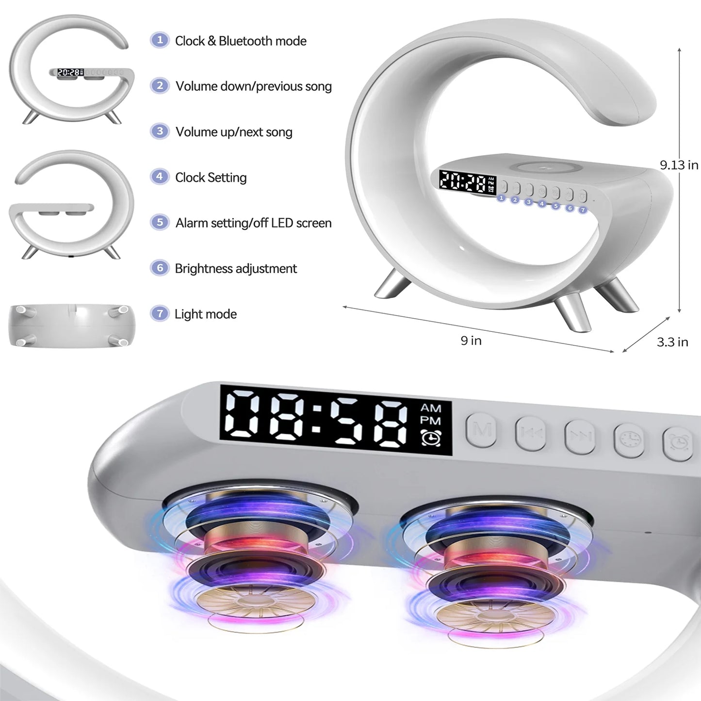 Multifunctional Wireless Charger Alarm Clock Bluetooth Speaker App Control Rgb Night Light Charging Station for Iphone 11 12 13 14 Samsung, White