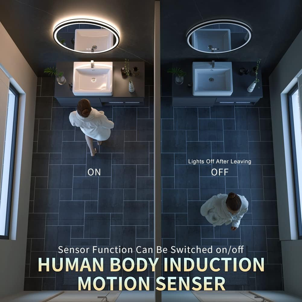 LED Sensor Mirror, 40 Inch round Human Body Induction, Black Framed Vanity Mirror, Illuminated Dimmable anti Fog IP44 Waterproof Bathroom Wall Mounted Blacklit Mirror with Lights