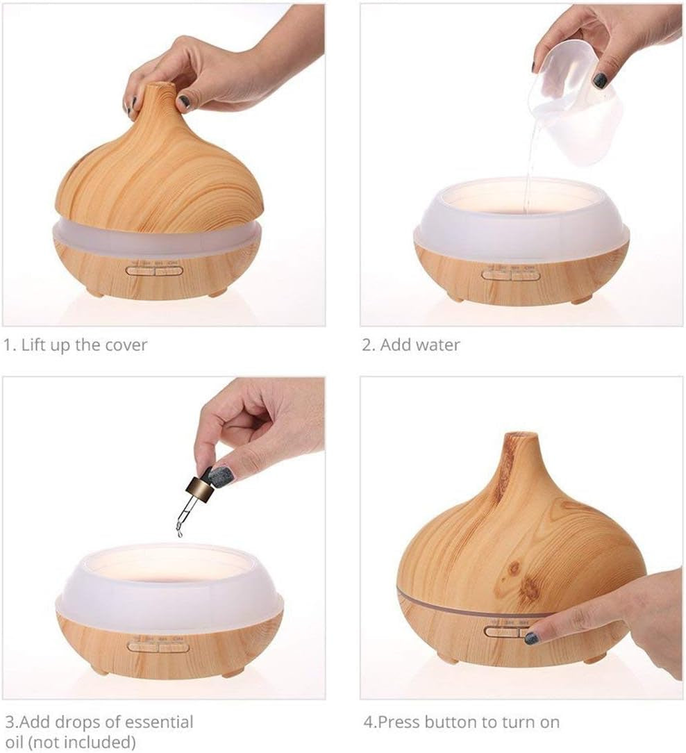 Aroma Essential Oil Diffuser, 500Ml Wood Grain Ultrasonic Cool Mist Whisper-Quiet Humidifier with Color LED Lights Changing & 4 Timer Settings, with Remote Control (Brown)