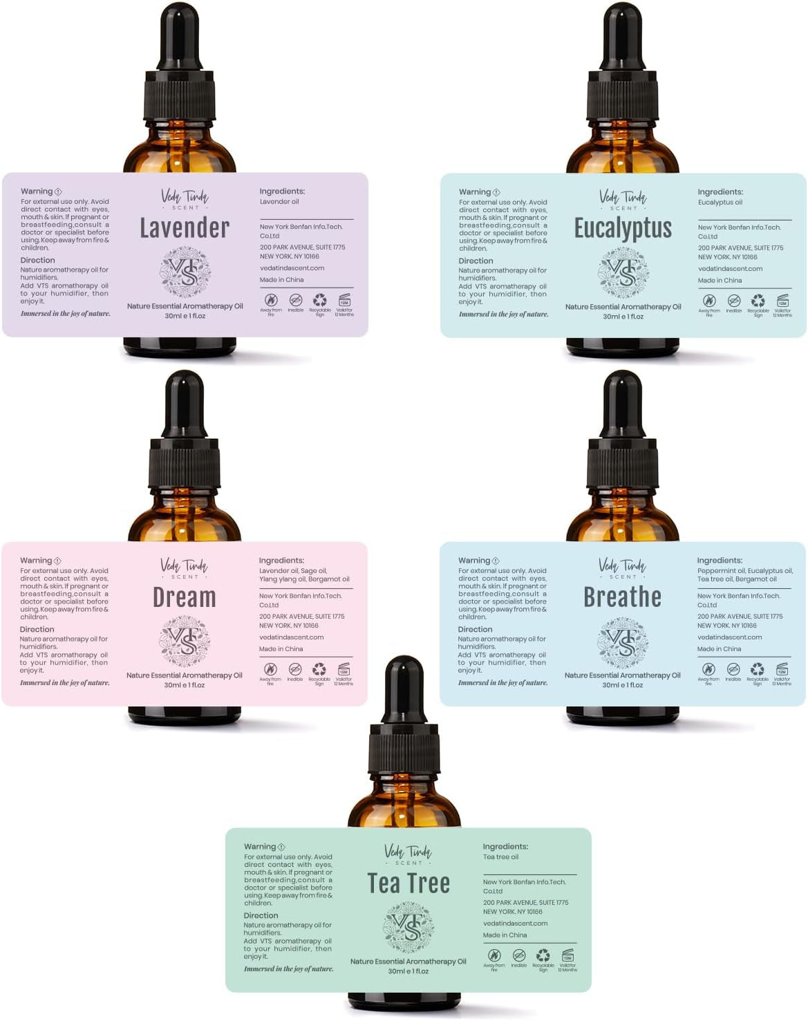 VTS Essential Oils Set with Humidifier, Nature Pure Organic Essential Oils for Humidifier, 1 Fl. Oz X 5 Aromatherapy Oils, Lavender, Tea Tree, Eucalyptus, Breathe, Dream Blends