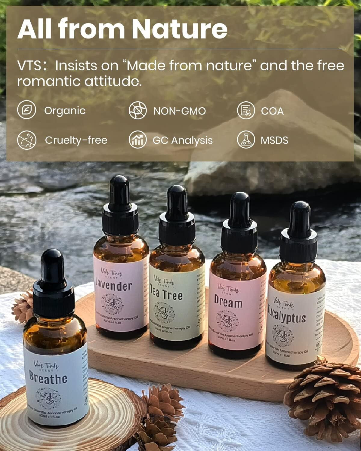 VTS Essential Oils Set with Humidifier, Nature Pure Organic Essential Oils for Humidifier, 1 Fl. Oz X 5 Aromatherapy Oils, Lavender, Tea Tree, Eucalyptus, Breathe, Dream Blends