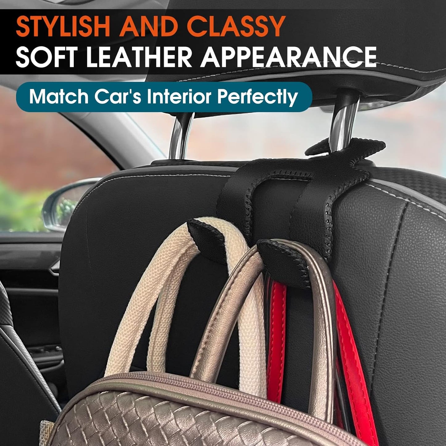 Car Headrest Hooks for Purses and Bags, Upgraded 2 in 1 Cars Back Seat Head Rest Hanger Vehicle Leather Organizer Storage Holder Hook Matching Cars Interior, 1-Pack, Beige