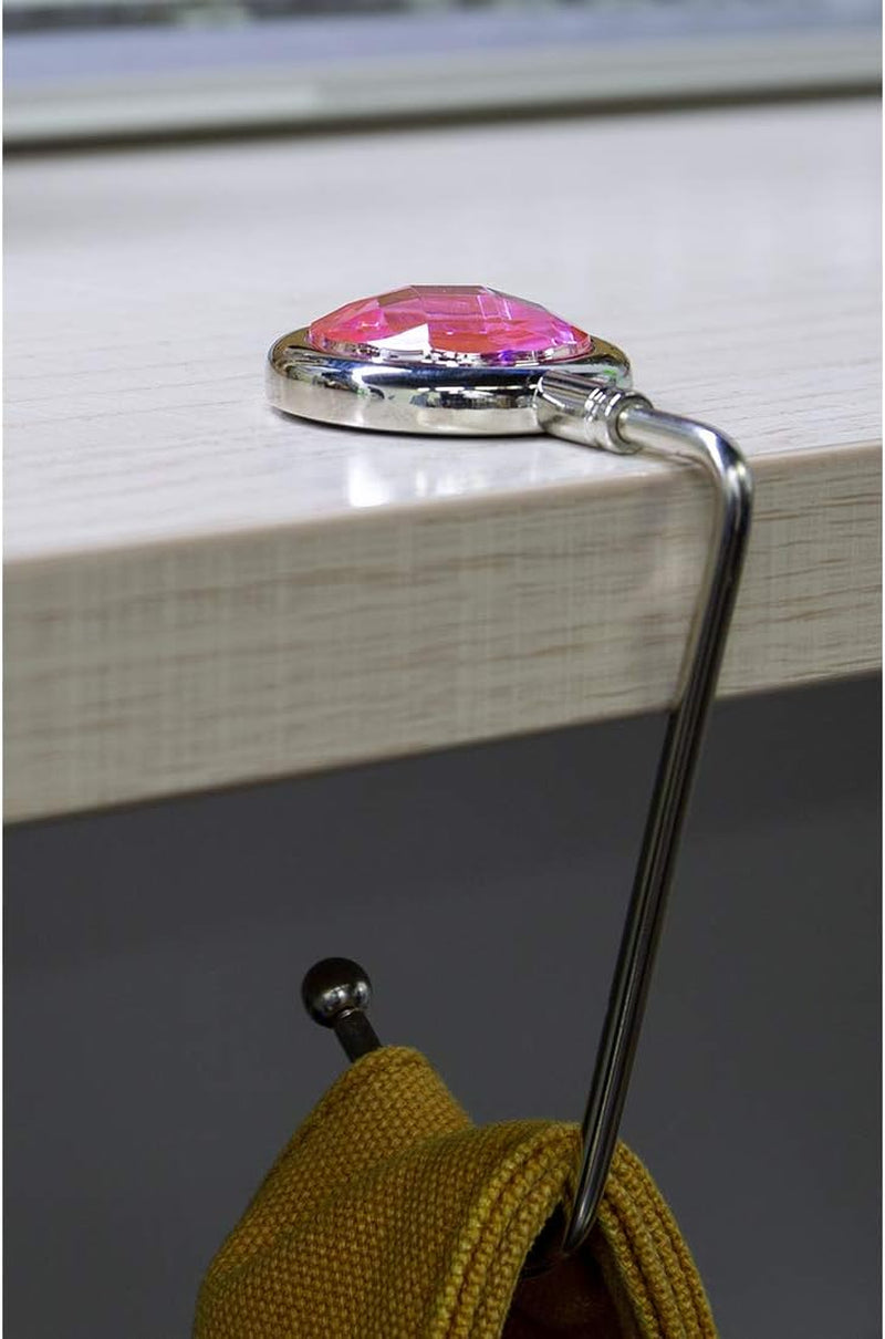 Purse Hook Mental Clutch Holder Handbag Rhinestone Hanger for Table Desk 2 Packs Pink