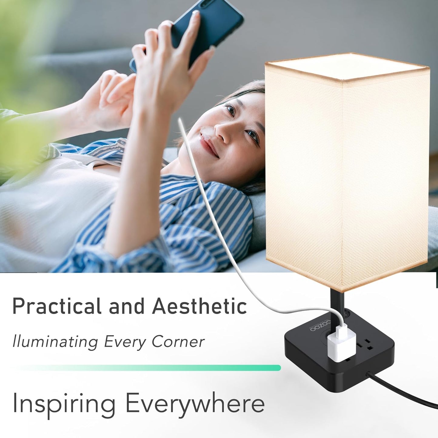Dimmable Table Lamp with USB Charging Ports and Outlets, White Fabric Shade, Touch Control, Ideal for Bedroom, Living Room, Dorm, and Home Office