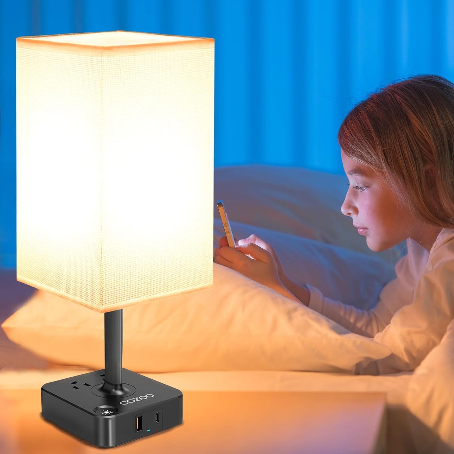 Dimmable Table Lamp with USB Charging Ports and Outlets, White Fabric Shade, Touch Control, Ideal for Bedroom, Living Room, Dorm, and Home Office