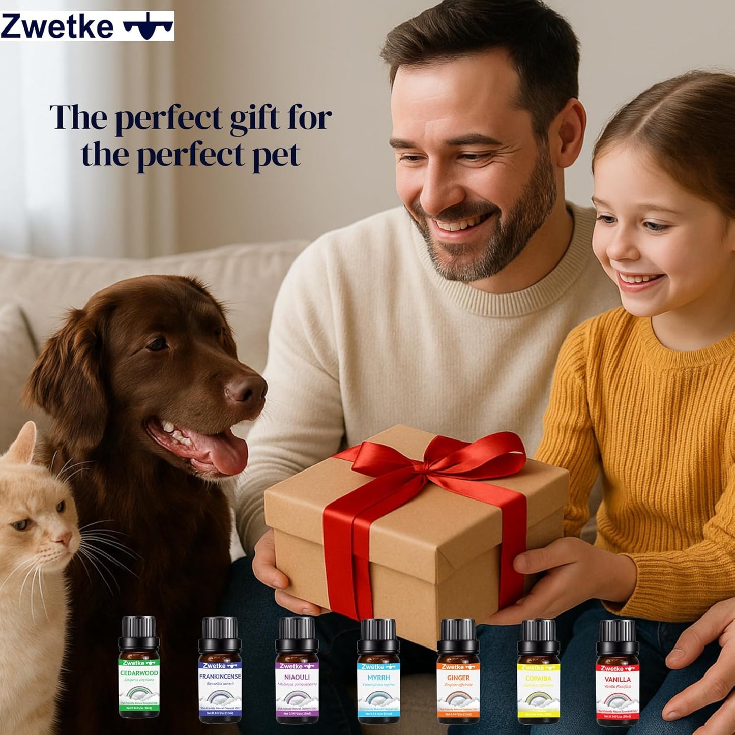 Pet-Friendly 7 Essential Aromatherapy Oils Gift-Set – Vanilla Ginger Copaiba Cedarwood Myrrh Frankincense Niaouli for the Whole Family with Pets around - 60% Pure Oils 40% Pet-Compatible Carrier Oils
