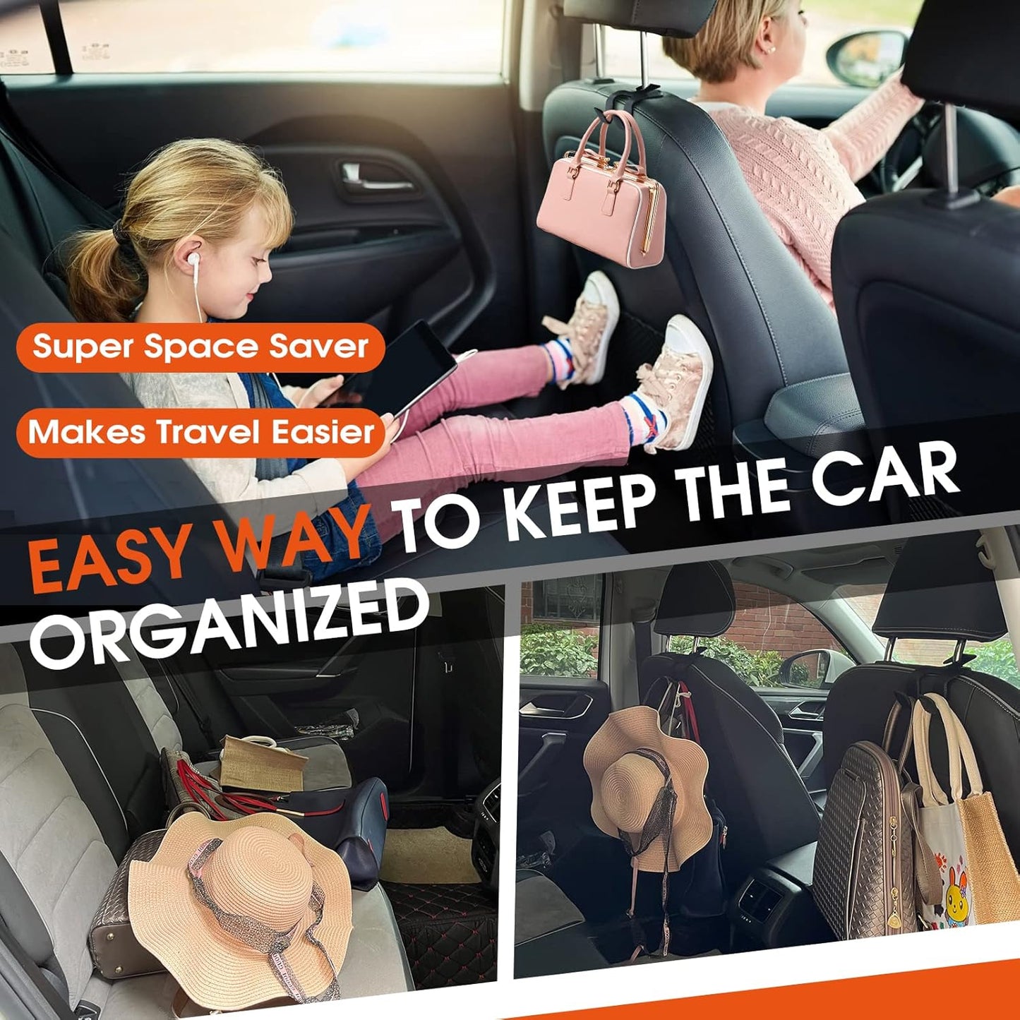 Car Headrest Hooks for Purses and Bags, Upgraded 2 in 1 Cars Back Seat Head Rest Hanger Vehicle Leather Organizer Storage Holder Hook Matching Cars Interior, 1-Pack, Beige