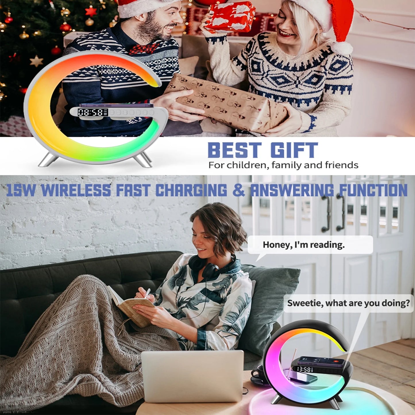 Multifunctional Wireless Charger Alarm Clock Bluetooth Speaker App Control Rgb Night Light Charging Station for Iphone 11 12 13 14 Samsung, White