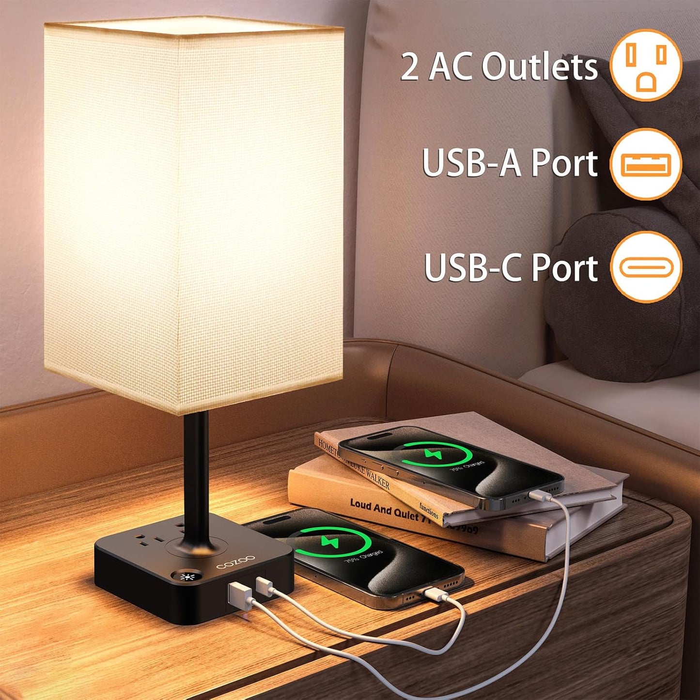 Dimmable Table Lamp with USB Charging Ports and Outlets, White Fabric Shade, Touch Control, Ideal for Bedroom, Living Room, Dorm, and Home Office