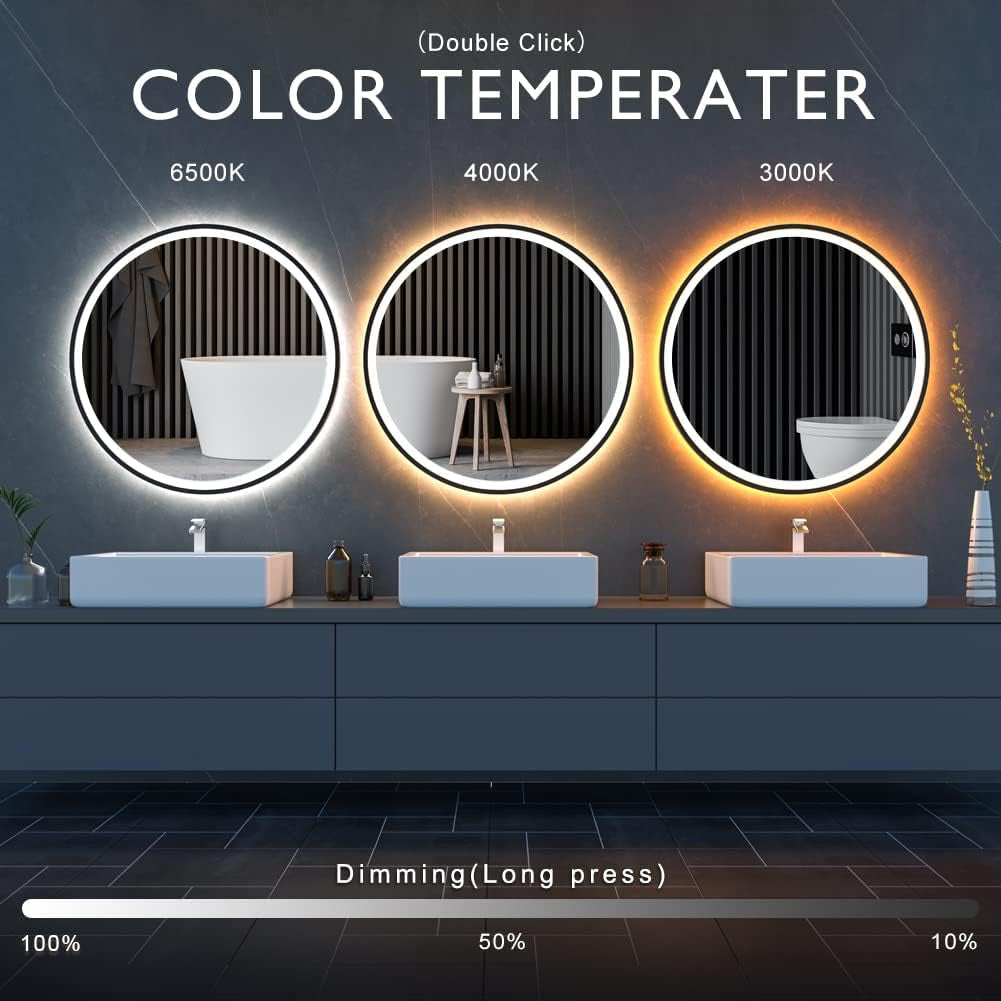 LED Sensor Mirror, 40 Inch round Human Body Induction, Black Framed Vanity Mirror, Illuminated Dimmable anti Fog IP44 Waterproof Bathroom Wall Mounted Blacklit Mirror with Lights