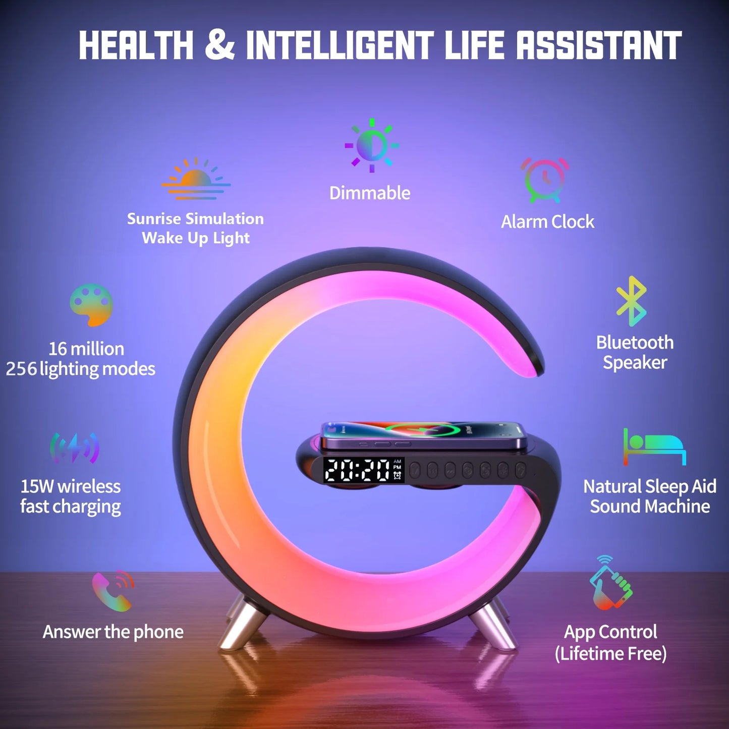 Multifunctional Wireless Charger Alarm Clock Bluetooth Speaker App Control Rgb Night Light Charging Station for Iphone 11 12 13 14 Samsung, White