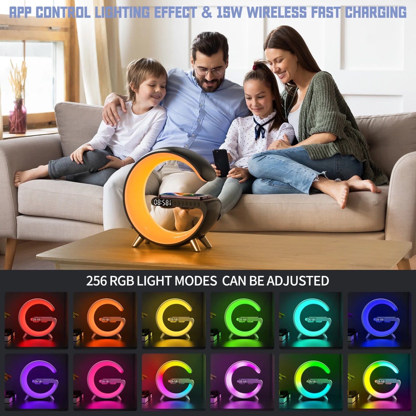 Multifunctional Wireless Charger Alarm Clock Bluetooth Speaker App Control Rgb Night Light Charging Station for Iphone 11 12 13 14 Samsung, White