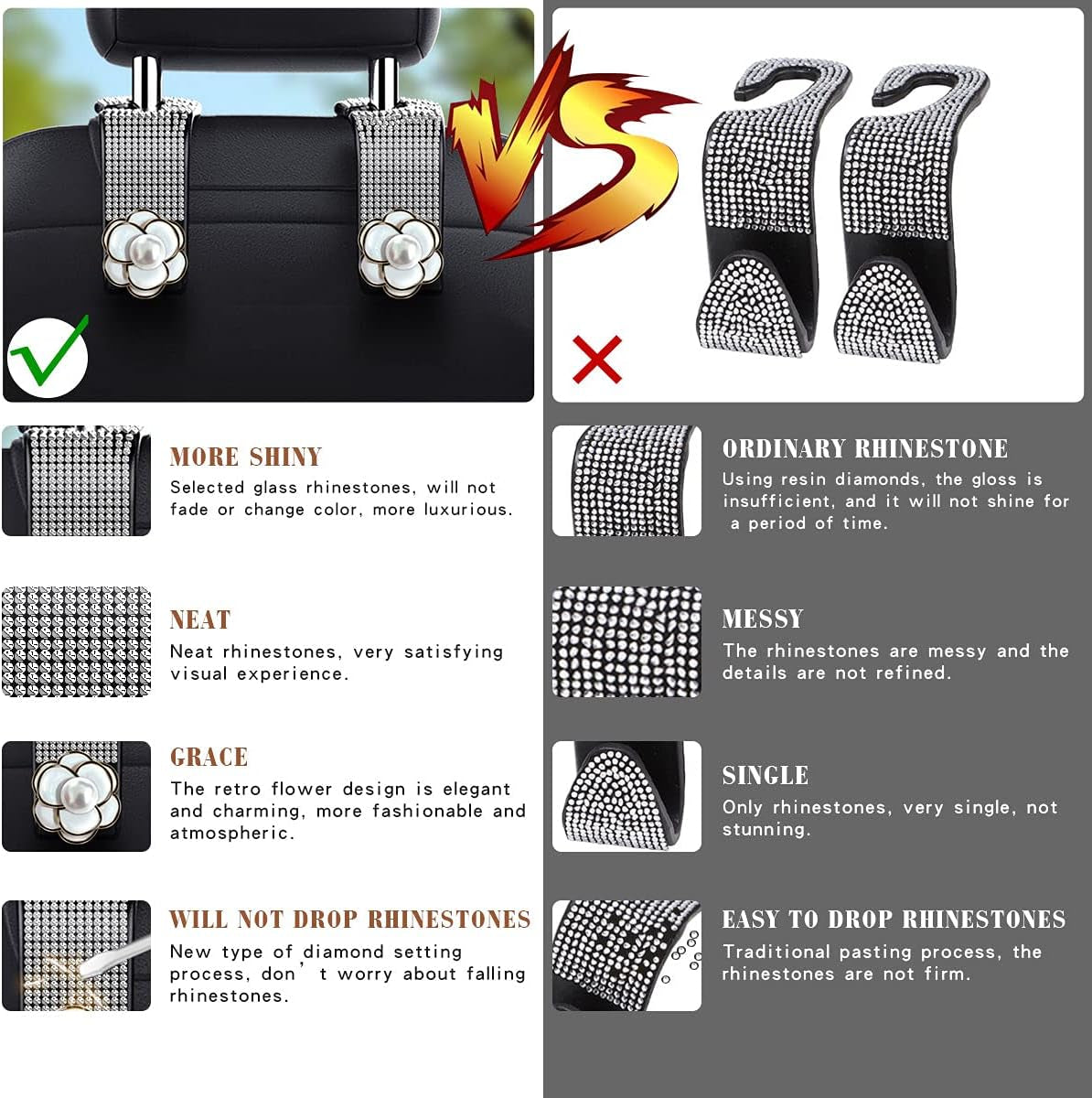 2-Piece Bling Car Seat Hooks - Headrest Hooks for Purses & Bags with Diamond Design (White)
