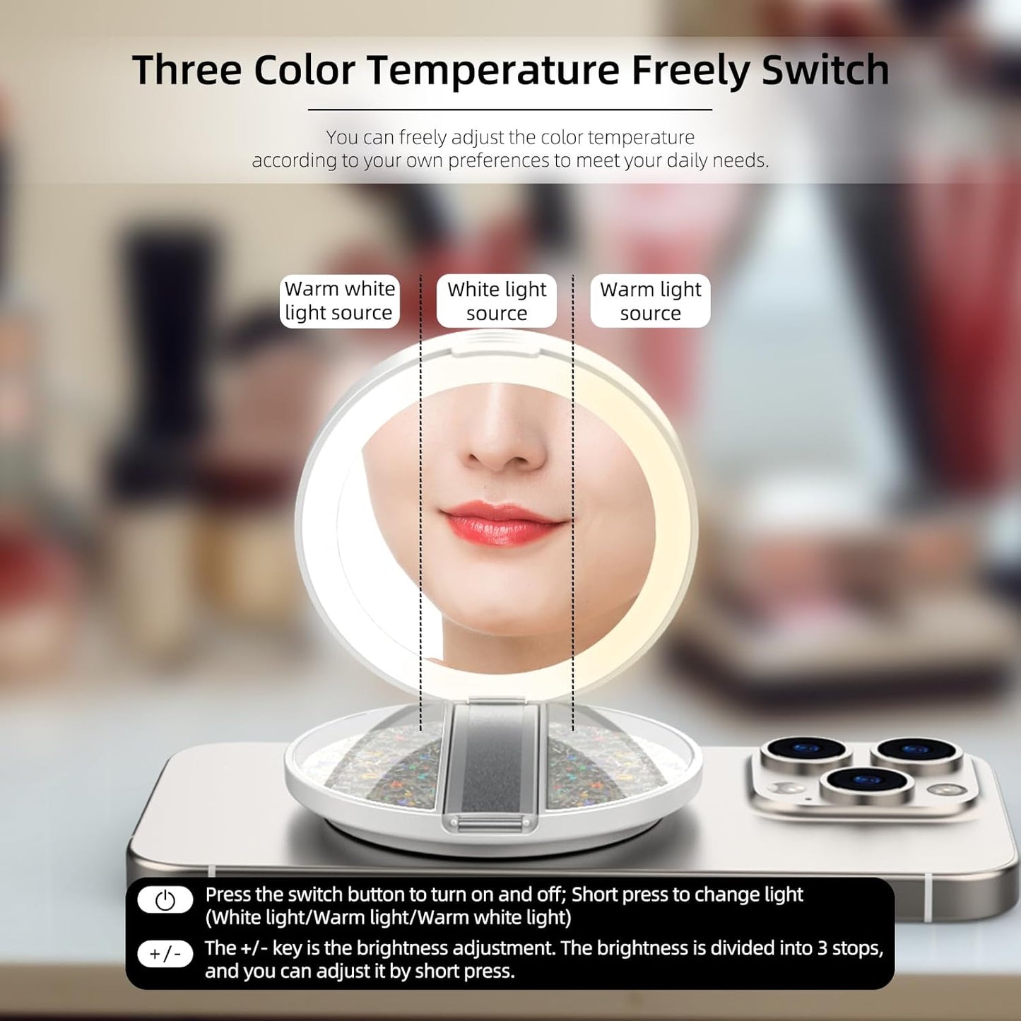 LED Tri-Color Adjustable Cosmetic Mirror, Foldable Portable Travel Cosmetic Mirror, Dimmable Touch Screen,
