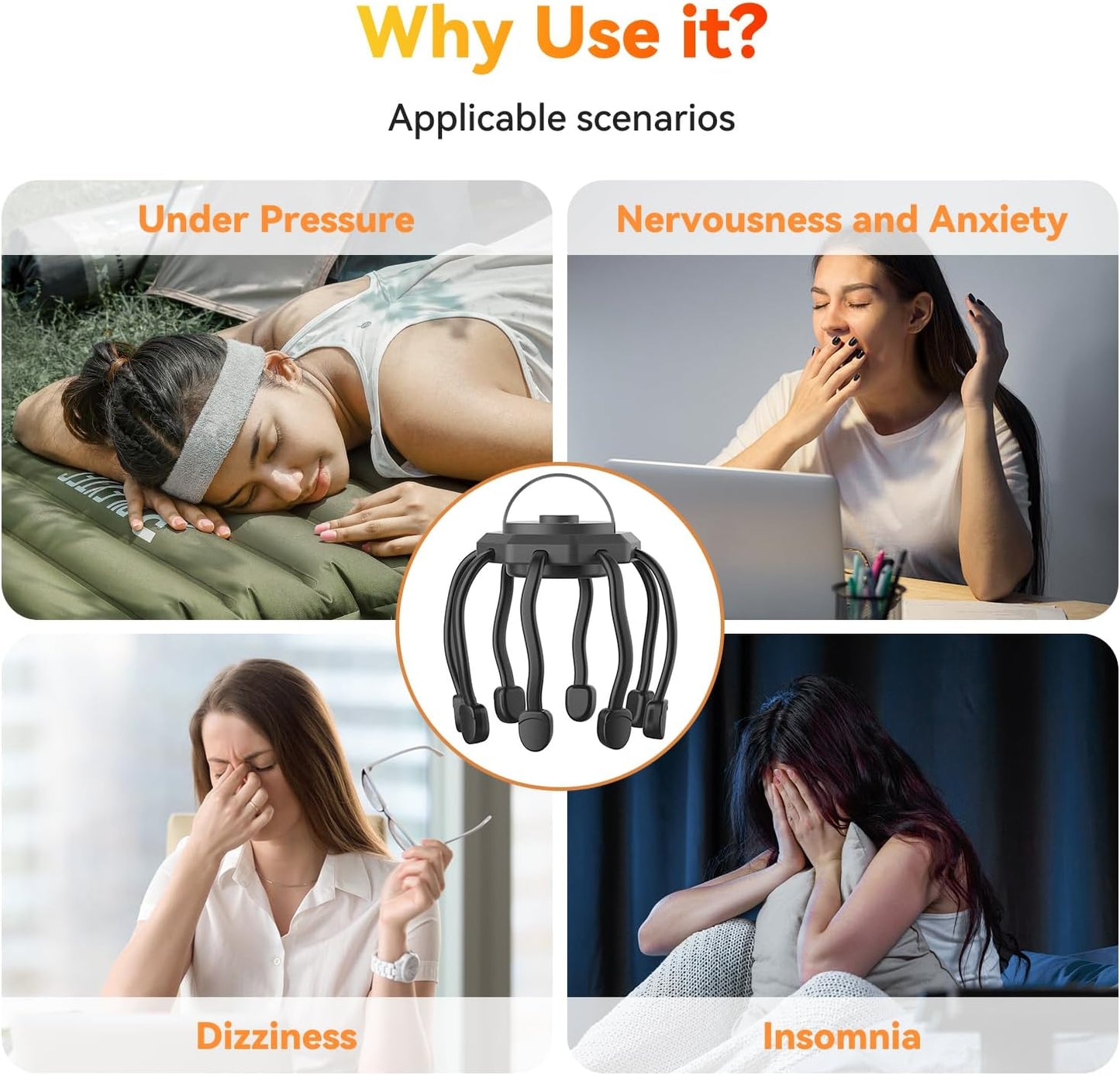 Electric Scalp Massager, Head Massager Scalp Stress Relax, Kneading Hair Massage with 3 Modes, 360 Degree Hair Massager, Cordless Portable Head Scratcher for Stress Relax