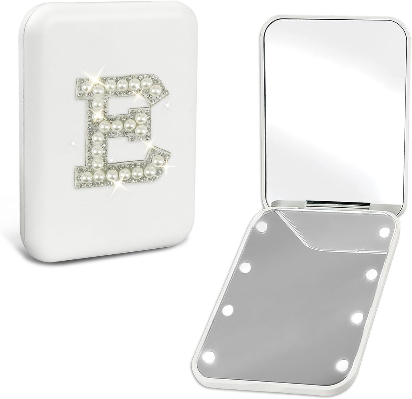 Personalized Gifts for 7 8 9 10 11 12 13 14 15 16 Year Old Girl Cute Pearl Initial Compact Mirror with Lights Small LED Pocket Makeup Mirror Teen Girls Trendy Stuff Travel Essentials White E