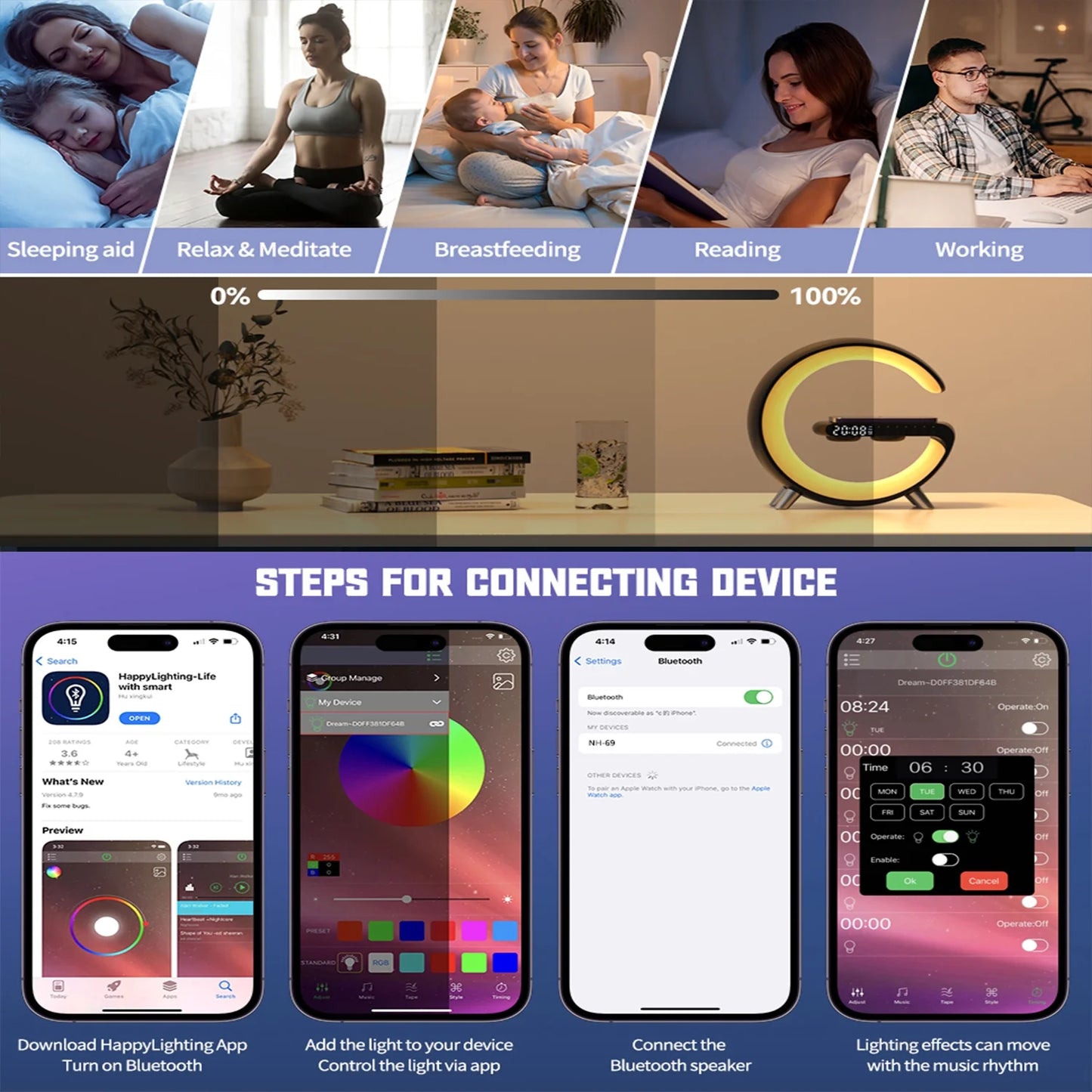 Multifunctional Wireless Charger Alarm Clock Bluetooth Speaker App Control Rgb Night Light Charging Station for Iphone 11 12 13 14 Samsung, White