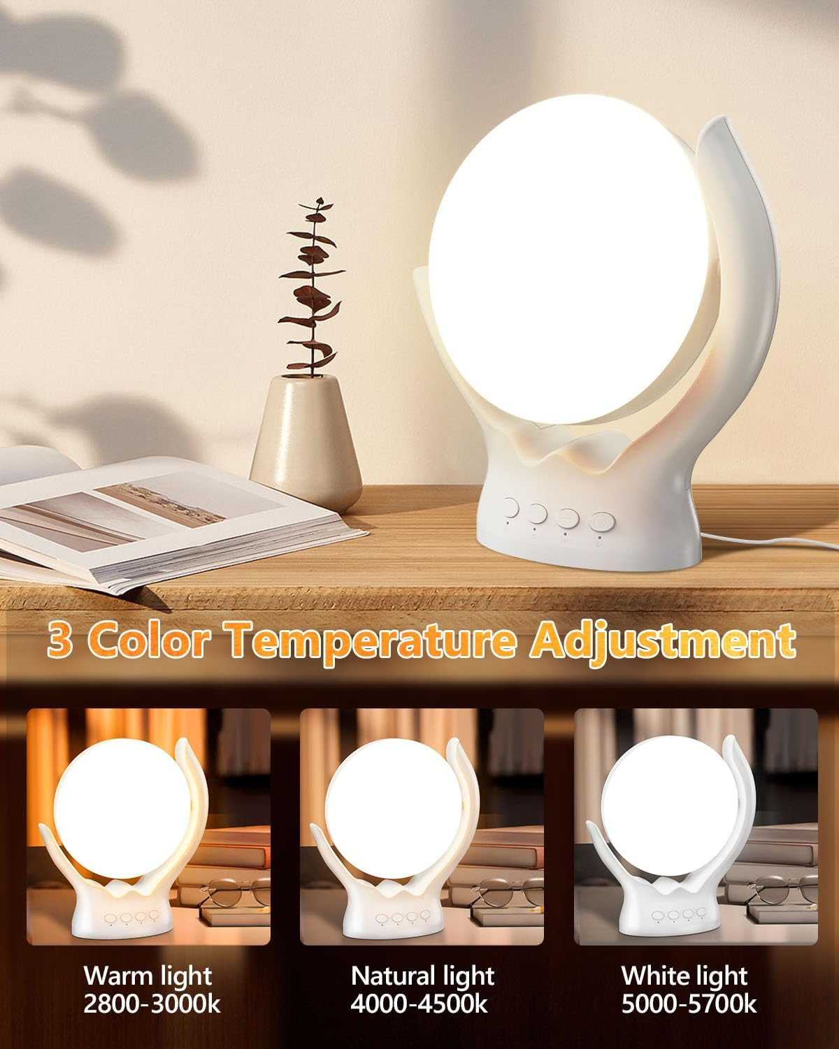 Rotatable Light Therapy Lamp 10000 Lux, LED Uv-Free Sun Light Therapy Lamp with 3 Color Temperature & 5 Brightness Settings, Adjustable Timer, Happy Mood Lamps for Home Office Travel, White