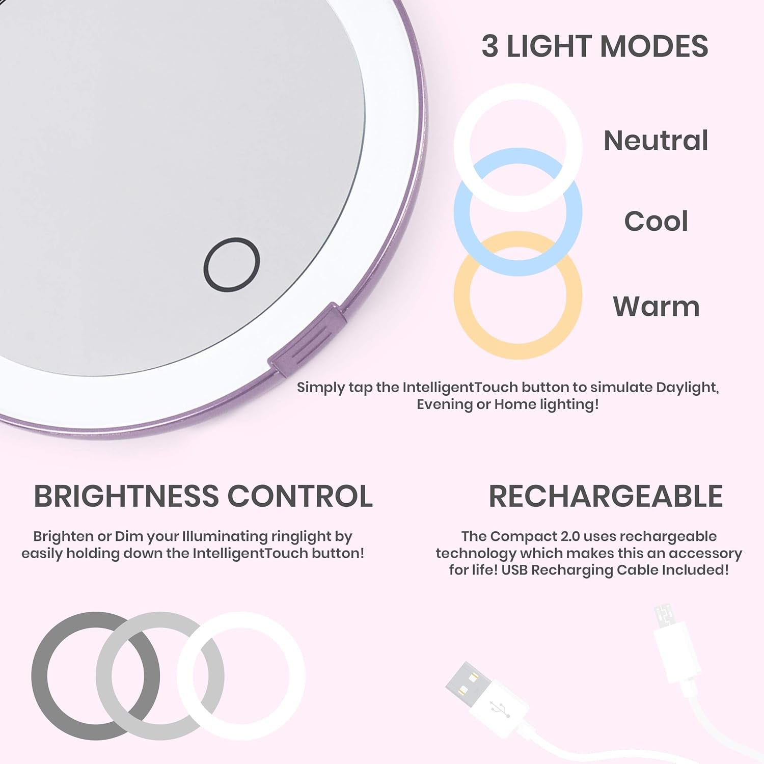 Compact Travel Mirror | Travel Makeup Mirror with Light | LED Lighted Vanity Mirror with 3 Light Modes | 7X Magnification Folding Portable & Rechargeable (Lavender)