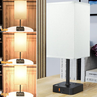 Dimmable Table Lamp with USB Charging Ports and Outlets, White Fabric Shade, Touch Control, Ideal for Bedroom, Living Room, Dorm, and Home Office