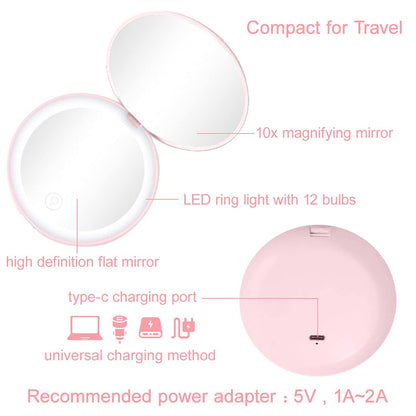 Compact Mirror with LED Light,1X/10X Magnifying Rechargeable Mirror,3.5In, Dimmable Travel Mirror for Purse,Pocket,Handheld 2-Sided Makeup Mirror