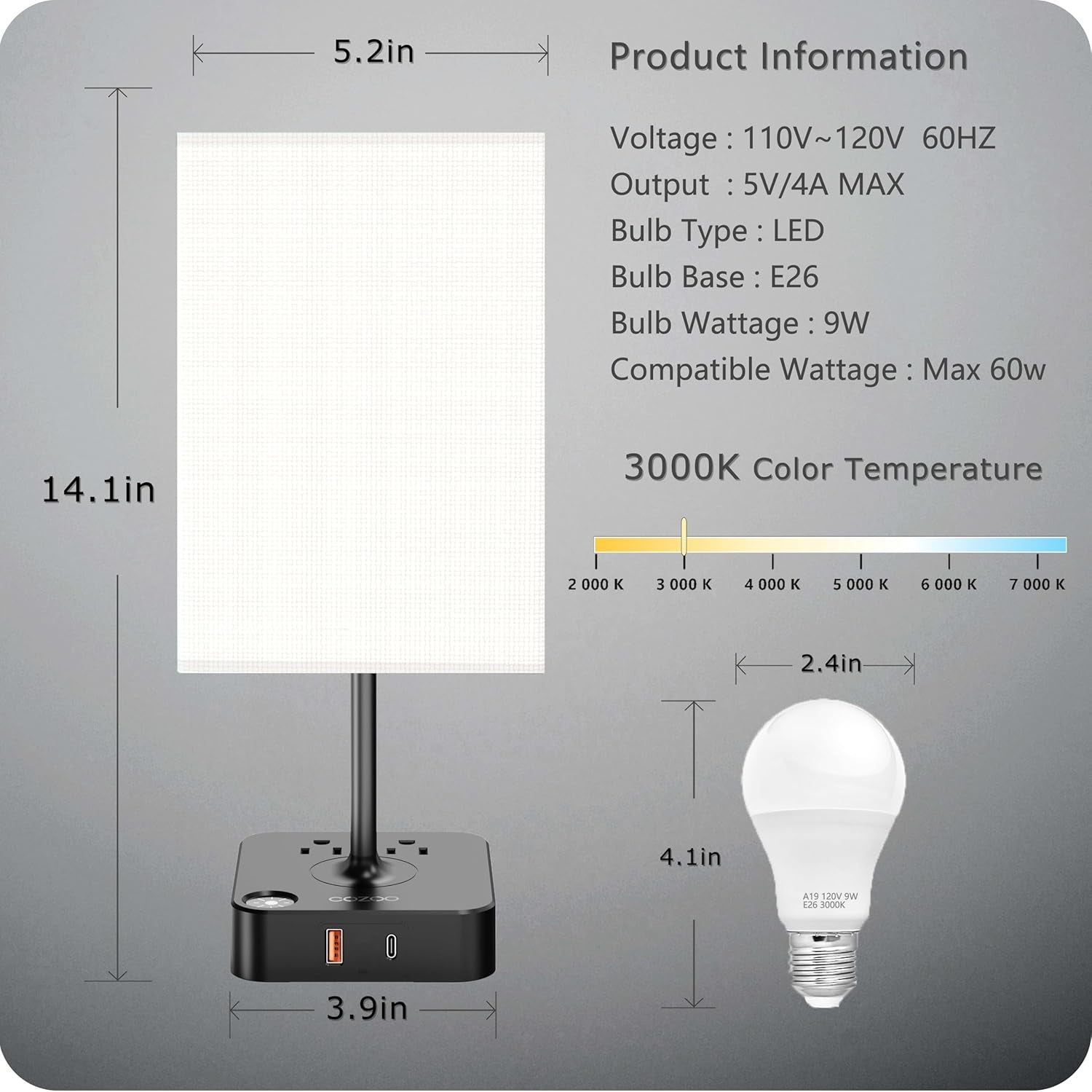 Dimmable Table Lamp with USB Charging Ports and Outlets, White Fabric Shade, Touch Control, Ideal for Bedroom, Living Room, Dorm, and Home Office