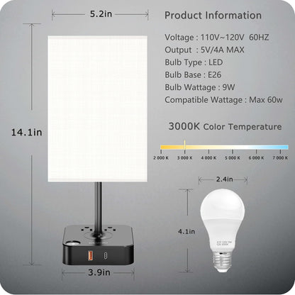 Dimmable Table Lamp with USB Charging Ports and Outlets, White Fabric Shade, Touch Control, Ideal for Bedroom, Living Room, Dorm, and Home Office