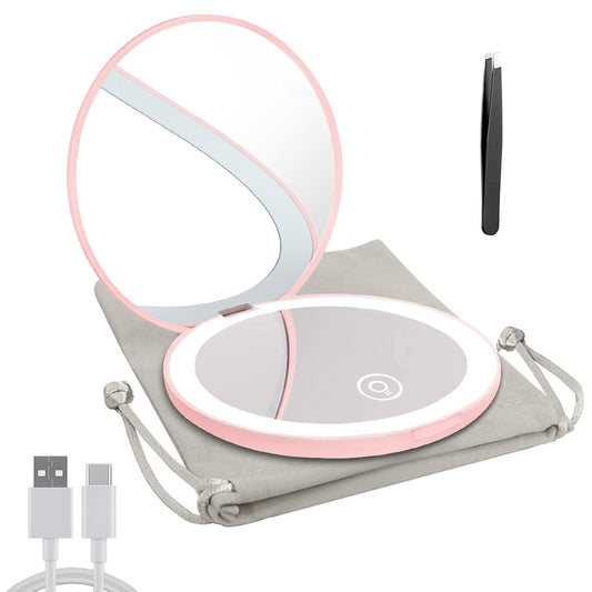 Compact Mirror with LED Light,1X/10X Magnifying Rechargeable Mirror,3.5In, Dimmable Travel Mirror for Purse,Pocket,Handheld 2-Sided Makeup Mirror