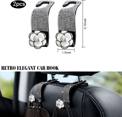 2-Piece Bling Car Seat Hooks - Headrest Hooks for Purses & Bags with Diamond Design (White)