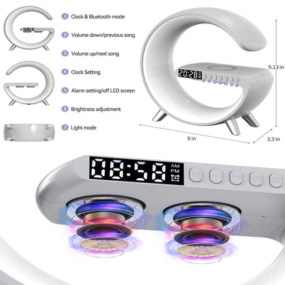 Multifunctional Wireless Charger Alarm Clock Bluetooth Speaker App Control Rgb Night Light Charging Station for Iphone 11 12 13 14 Samsung, White