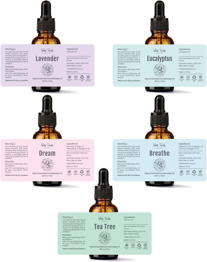 VTS Essential Oils Set with Humidifier, Nature Pure Organic Essential Oils for Humidifier, 1 Fl. Oz X 5 Aromatherapy Oils, Lavender, Tea Tree, Eucalyptus, Breathe, Dream Blends