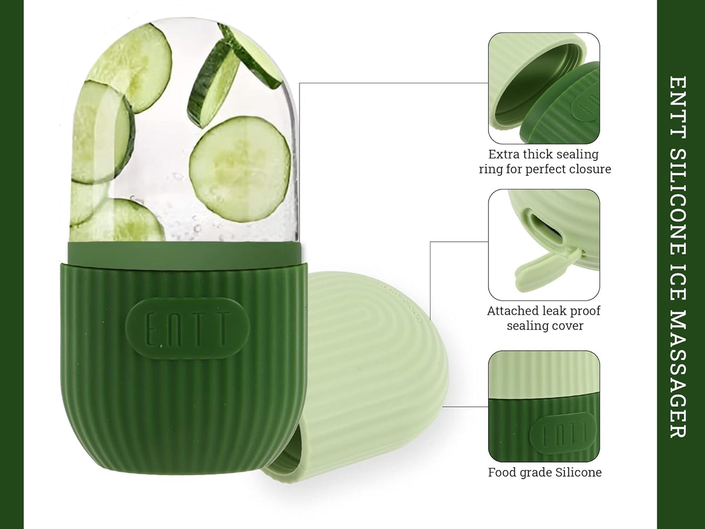 Reusable Silicone Ice Roller for Face, under Eye, Sun Burn Relief, Redness - Ice Mold - Cold Facial Therapy De-Puff - Food Grade Silicon Ice Cube Maker - Green