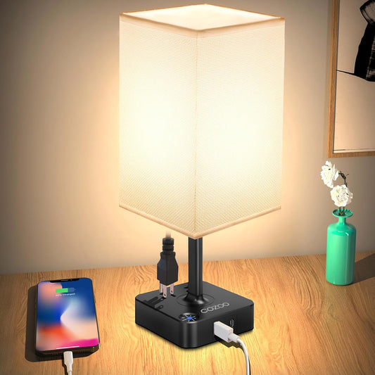 Dimmable Table Lamp with USB Charging Ports and Outlets, White Fabric Shade, Touch Control, Ideal for Bedroom, Living Room, Dorm, and Home Office